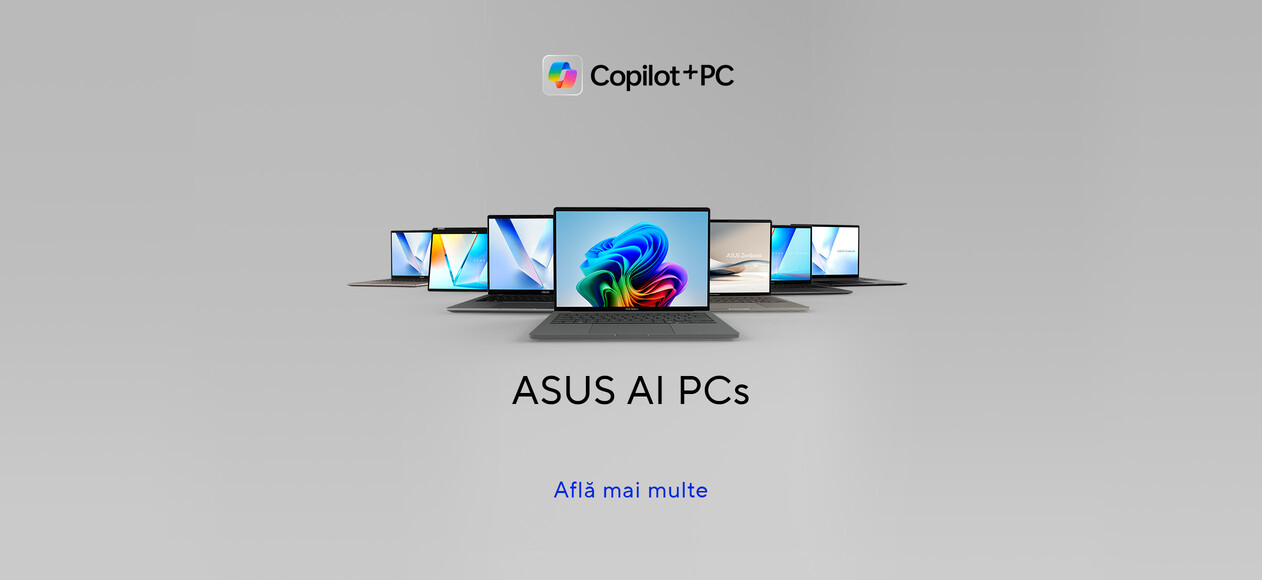 Sapte laptopuri deschise cu ecranul spre privitor, in formație V, iar sub acestea scris "PC-uri ASUS cu AI"